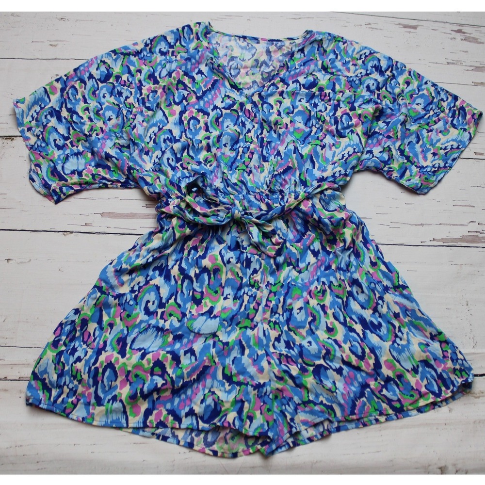 Blue Abstract Ikat Print V-Neck Short Sleeve Belted Romper